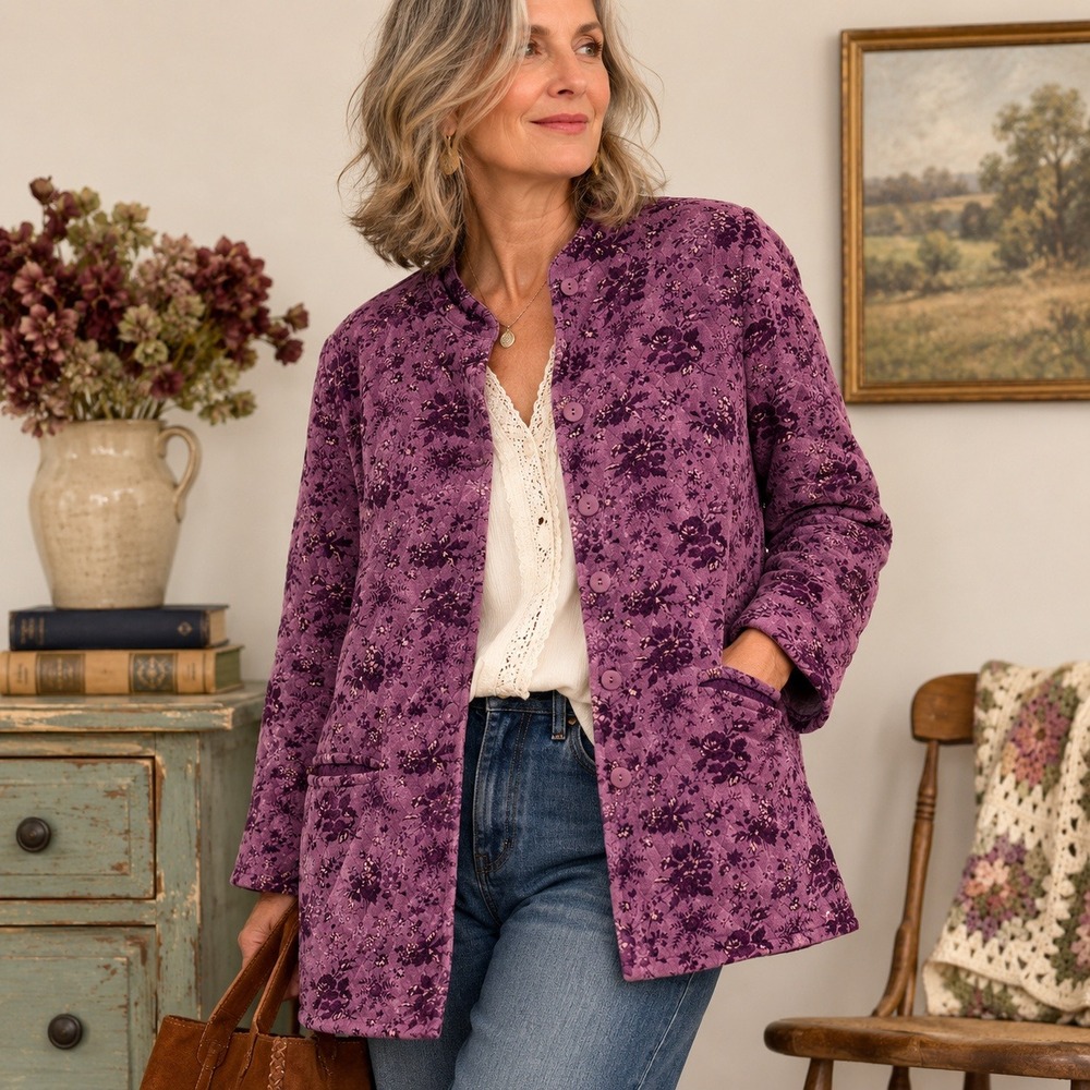 April Cornell Quilted Jacket Velvet Floral Womens M Purple Button Front Pocket